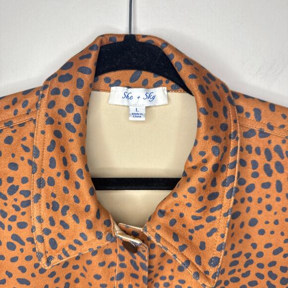 She +‎ Sky Large Long Sleeve Button Up Cheetah Print Jacket Shacket Stretchy - Picture 3 of 6